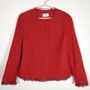 Akris Punto Chunky Tweed Short Jacket Fringe Trim Boucle Zip Pockets Red Size 10